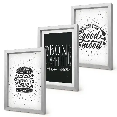 Photo frame wall with graphics featuring food and culinary slogans
