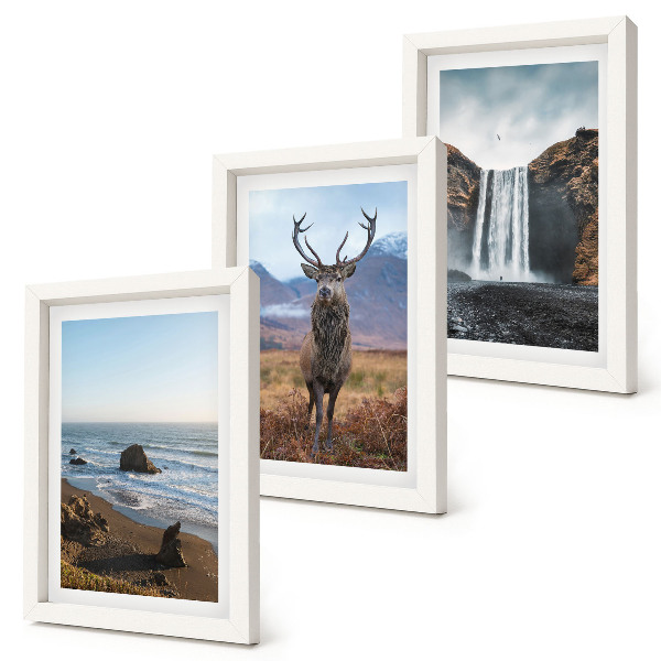 Framed triptych Mountain landscapes with a waterfall, a deer, and a beach
