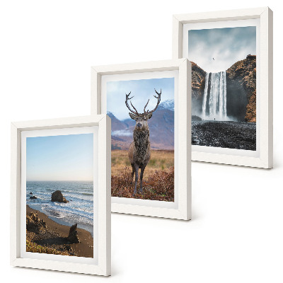 Framed triptych Mountain landscapes with a waterfall, a deer, and a beach