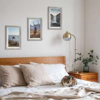 Framed triptych Mountain landscapes with a waterfall, a deer, and a beach
