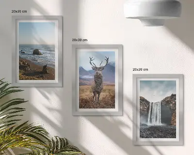 Mountain landscapes triptych framed artwork featuring a waterfall, a deer, and a beach