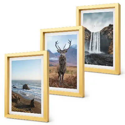 Mountain landscapes triptych framed artwork featuring a waterfall, a deer, and a beach