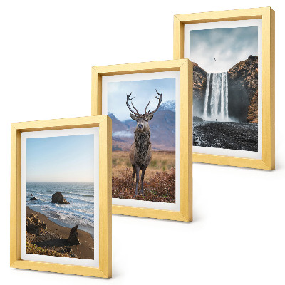 Framed triptych Mountain landscapes with a waterfall, a deer, and a beach