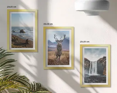 Mountain landscapes triptych framed artwork featuring a waterfall, a deer, and a beach
