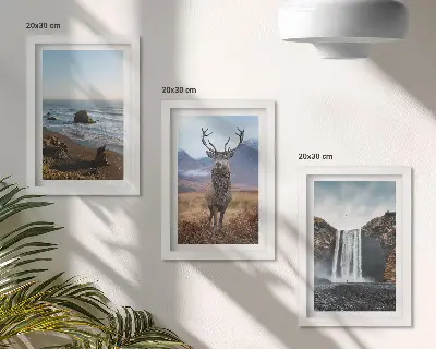Mountain landscapes triptych framed artwork featuring a waterfall, a deer, and a beach
