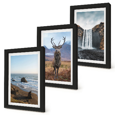 Framed triptych Mountain landscapes with a waterfall, a deer, and a beach
