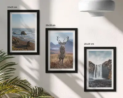 Mountain landscapes triptych framed artwork featuring a waterfall, a deer, and a beach