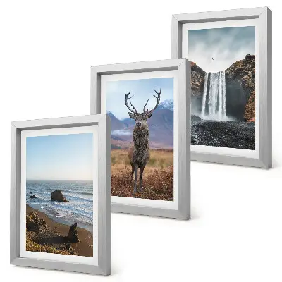 Mountain landscapes triptych framed artwork featuring a waterfall, a deer, and a beach
