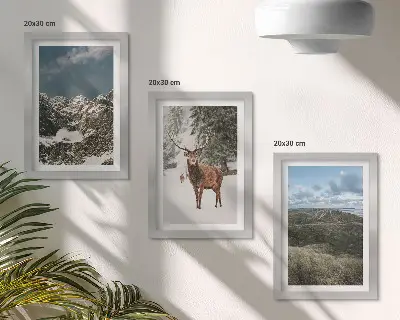 3-piece wall art set featuring snowy mountains and deer in a forest landscape
