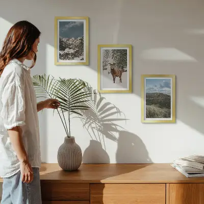 3-piece wall art set featuring snowy mountains and deer in a forest landscape
