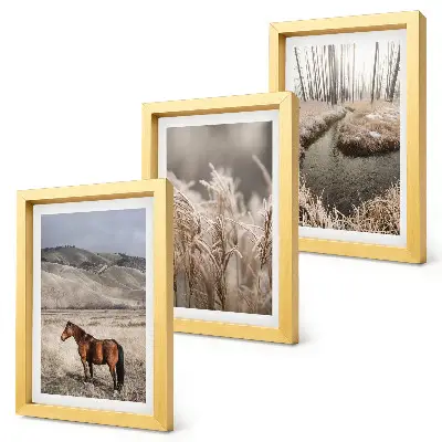 Photo frame wall featuring horses in a landscape of grasses and a winter stream
