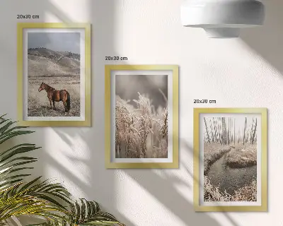Photo frame wall featuring horses in a landscape of grasses and a winter stream