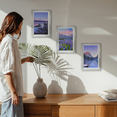 Framed triptych Mountain landscapes with water, sky and a field of flowers
