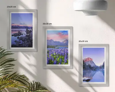 Mountain landscape triptych with water, sky, and a field of flowers in a frame
