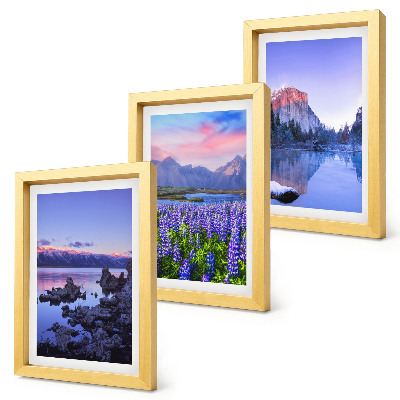 Framed triptych Mountain landscapes with water, sky and a field of flowers