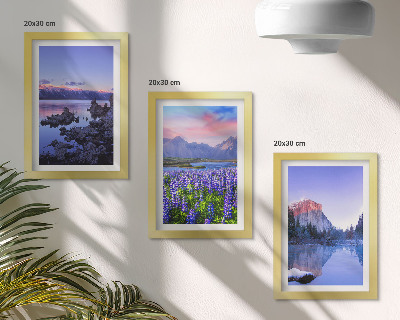 Framed triptych Mountain landscapes with water, sky and a field of flowers