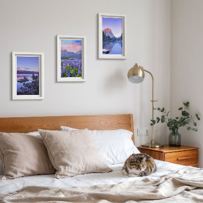 Framed triptych Mountain landscapes with water, sky and a field of flowers