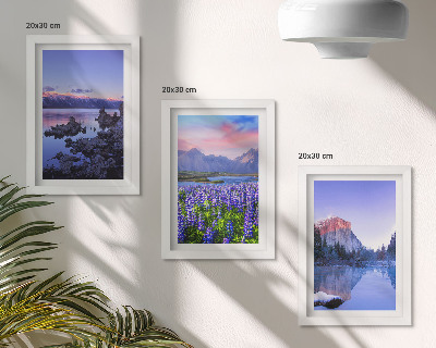 Framed triptych Mountain landscapes with water, sky and a field of flowers