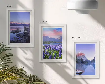 Mountain landscape triptych with water, sky, and a field of flowers in a frame