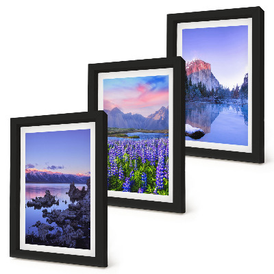 Framed triptych Mountain landscapes with water, sky and a field of flowers