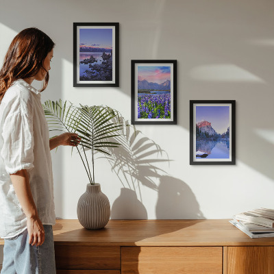 Framed triptych Mountain landscapes with water, sky and a field of flowers