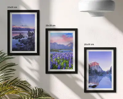 Mountain landscape triptych with water, sky, and a field of flowers in a frame