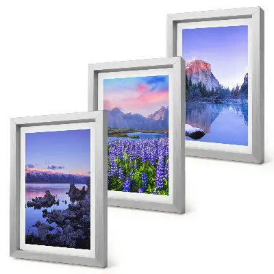 Mountain landscape triptych with water, sky, and a field of flowers in a frame