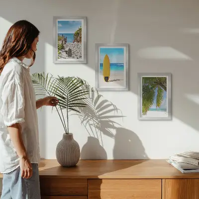 3-piece wall art set featuring tropical beach waves and palm trees during the holidays