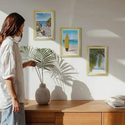 3-piece wall art set featuring tropical beach waves and palm trees during the holidays