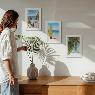 3-piece wall art set featuring tropical beach waves and palm trees during the holidays