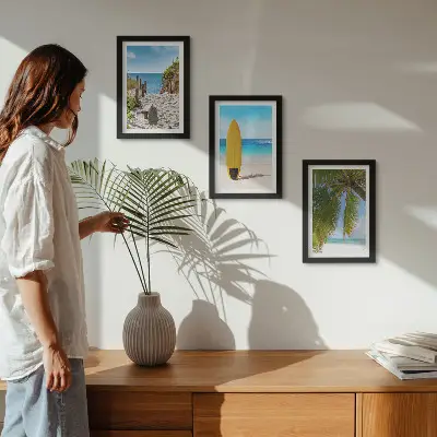 3-piece wall art set featuring tropical beach waves and palm trees during the holidays