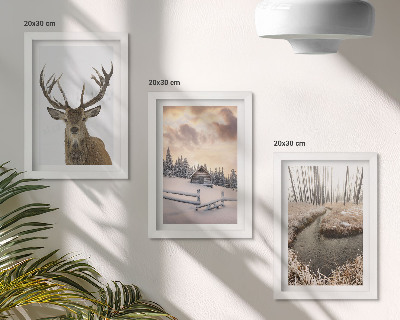 Photo frame wall Winter landscape with a deer hut and a stream