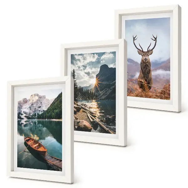 Mountain lake boat sunset deer triptych framed wall art