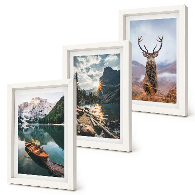 Framed triptych Mountain lake boat sunset deer in nature