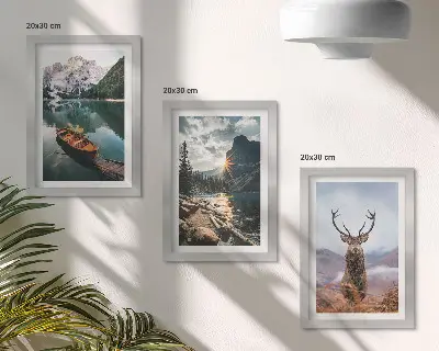Mountain lake boat sunset deer triptych framed wall art