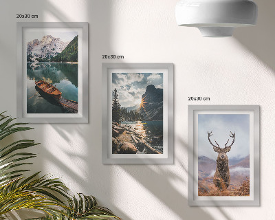 Framed triptych Mountain lake boat sunset deer in nature