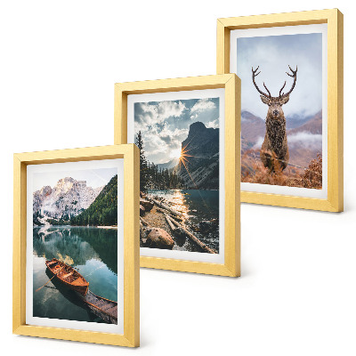 Framed triptych Mountain lake boat sunset deer in nature