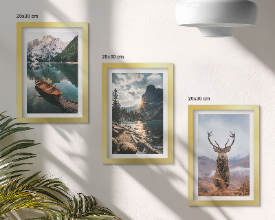 Framed triptych Mountain lake boat sunset deer in nature