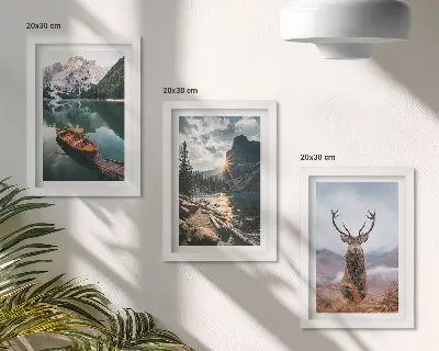 Mountain lake boat sunset deer triptych framed wall art