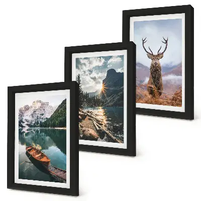 Mountain lake boat sunset deer triptych framed wall art