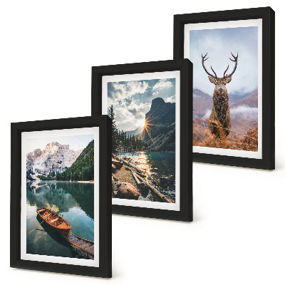 Framed triptych Mountain lake boat sunset deer in nature