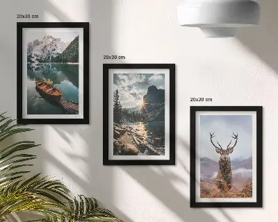 Mountain lake boat sunset deer triptych framed wall art
