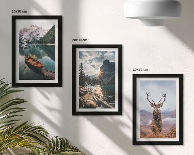 Framed triptych Mountain lake boat sunset deer in nature