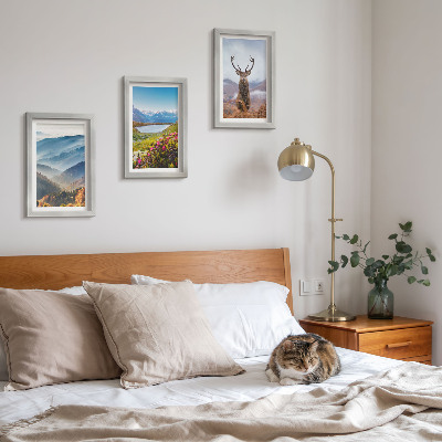 3-piece wall art set Mountain landscapes with a lake and deer in nature