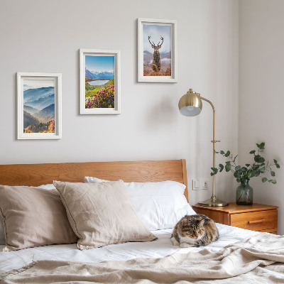 3-piece wall art set Mountain landscapes with a lake and deer in nature
