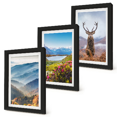 3-piece wall art set Mountain landscapes with a lake and deer in nature