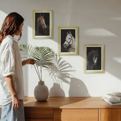 Portraits of horses in different shades of fur framed triptych