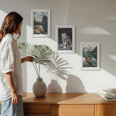 3-piece wall art set Mountains, lakes and a wolf in a natural setting