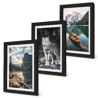 3-piece wall art set Mountains, lakes and a wolf in a natural setting