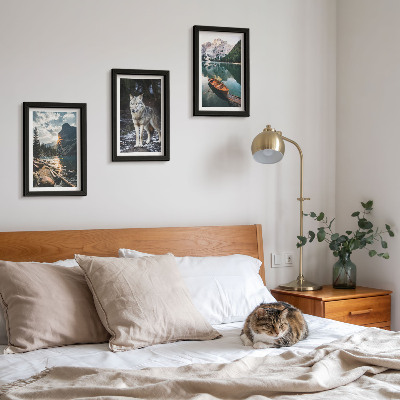 3-piece wall art set Mountains, lakes and a wolf in a natural setting